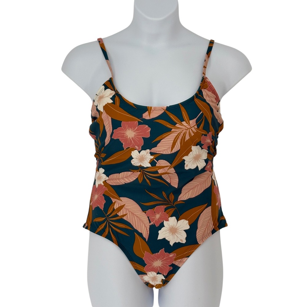 Kona Sol One Piece Swimsuit Teal Floral Strappy Back Large